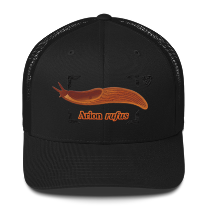 The Large Red Slug "Arion rufus" Embroidered Black Trucker Hat Front Mockup