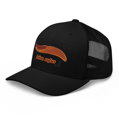 The Large Red Slug "Arion rufus" Embroidered Black Trucker Hat Left Front Mockup