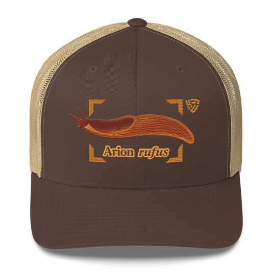 The Large Red Slug "Arion rufus" Embroidered Brown & Khaki Trucker Hat Front Mockup