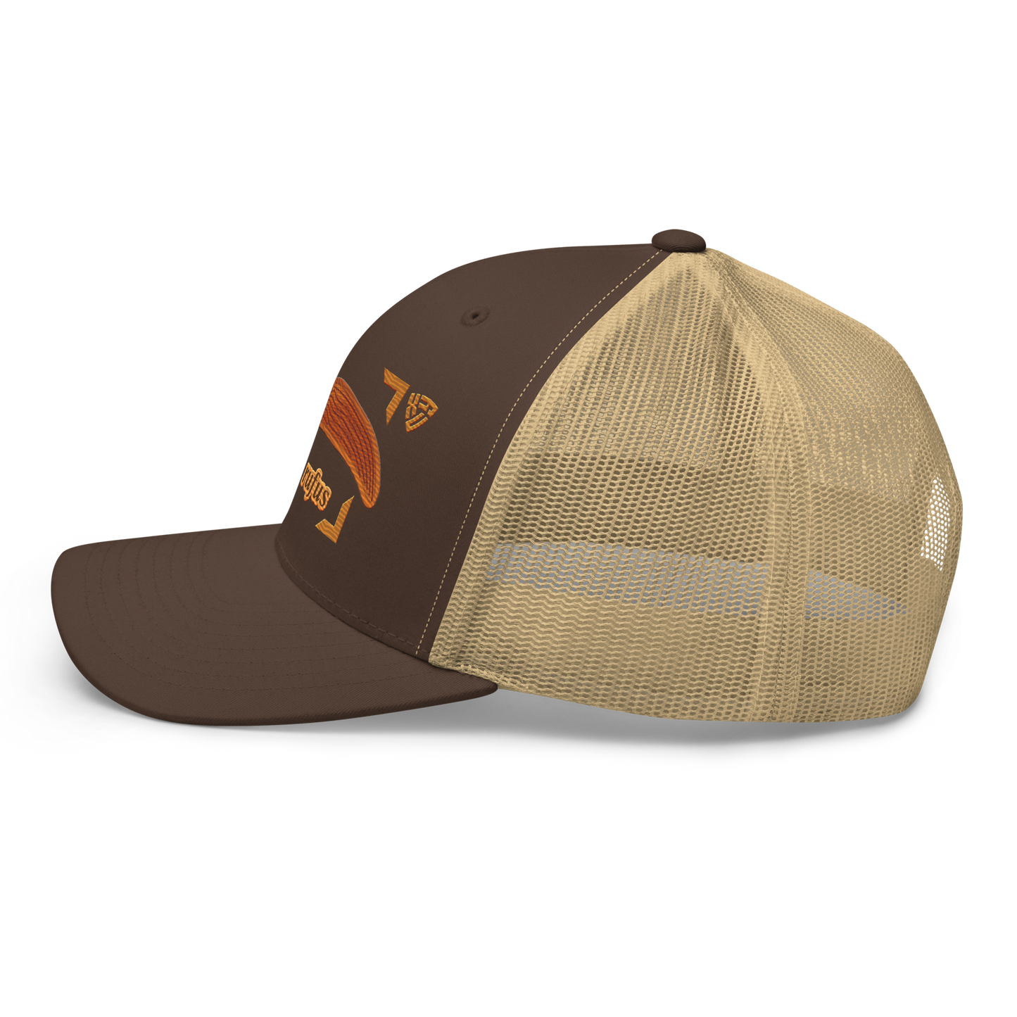 The Large Red Slug "Arion rufus" Embroidered Brown & Khaki Trucker Hat Left Mockup