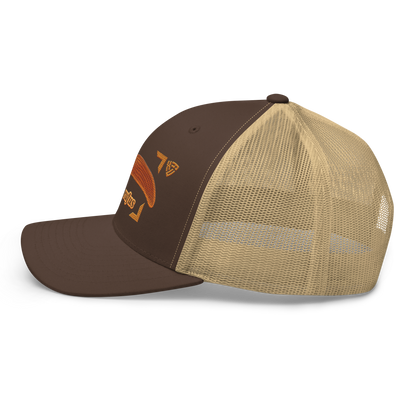 The Large Red Slug "Arion rufus" Embroidered Brown & Khaki Trucker Hat Left Mockup