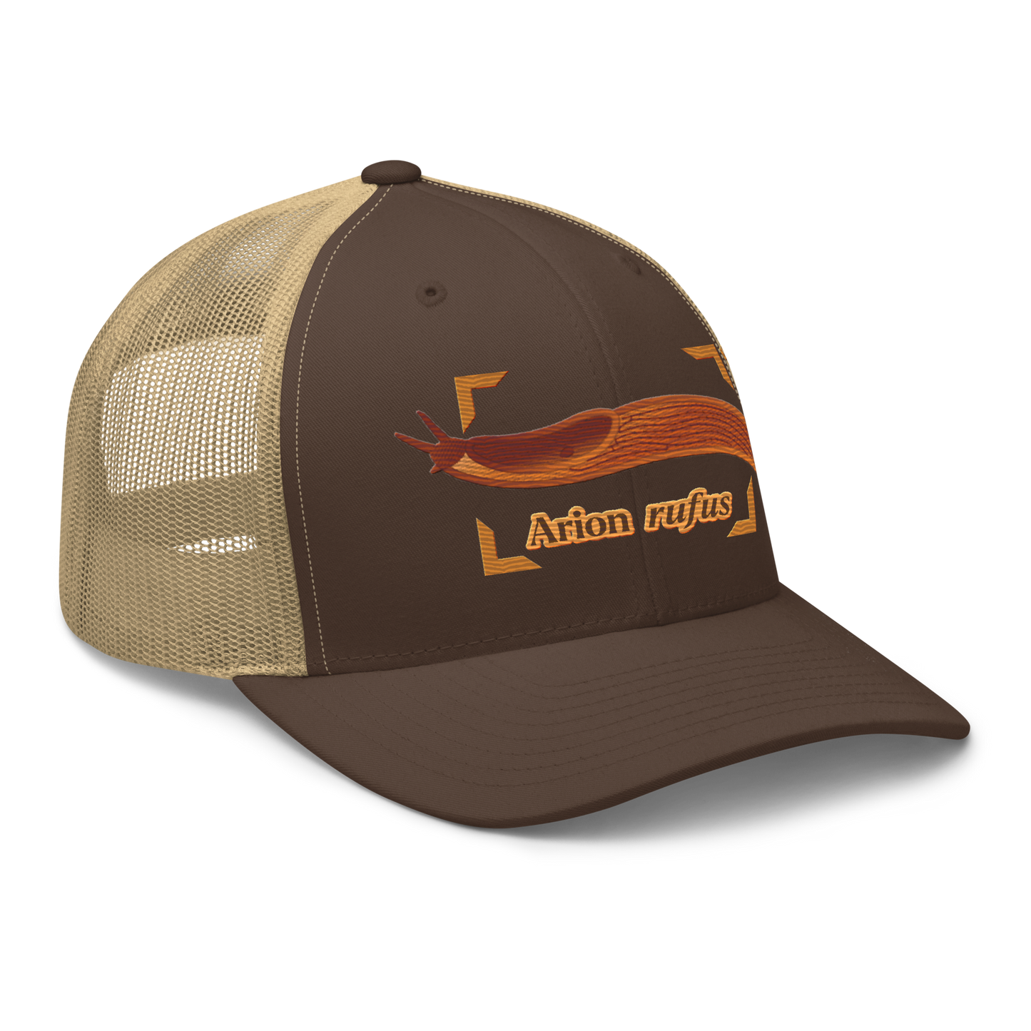 The Large Red Slug "Arion rufus" Embroidered Brown & Khaki Trucker Hat Right Front Mockup