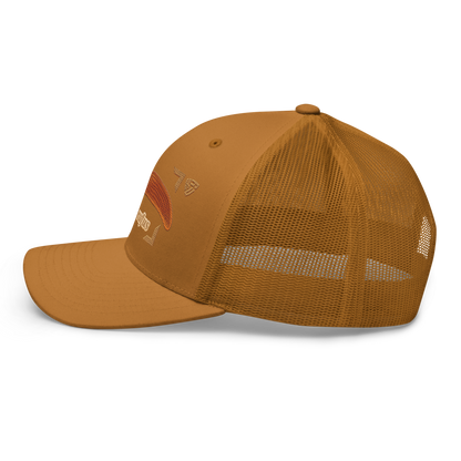 The Large Red Slug "Arion rufus" Embroidered Caramel Trucker Hat Left Mockup