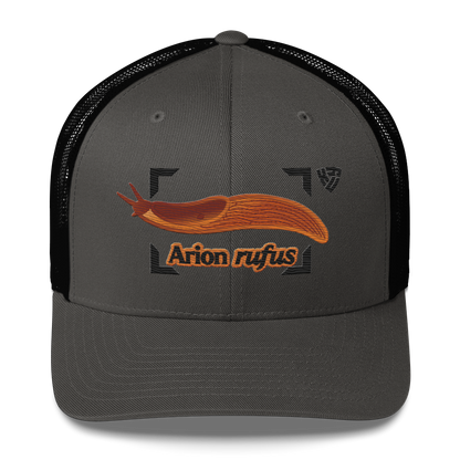 The Large Red Slug "Arion rufus" Embroidered Charcoal Grey & Black Trucker Hat Front Mockup