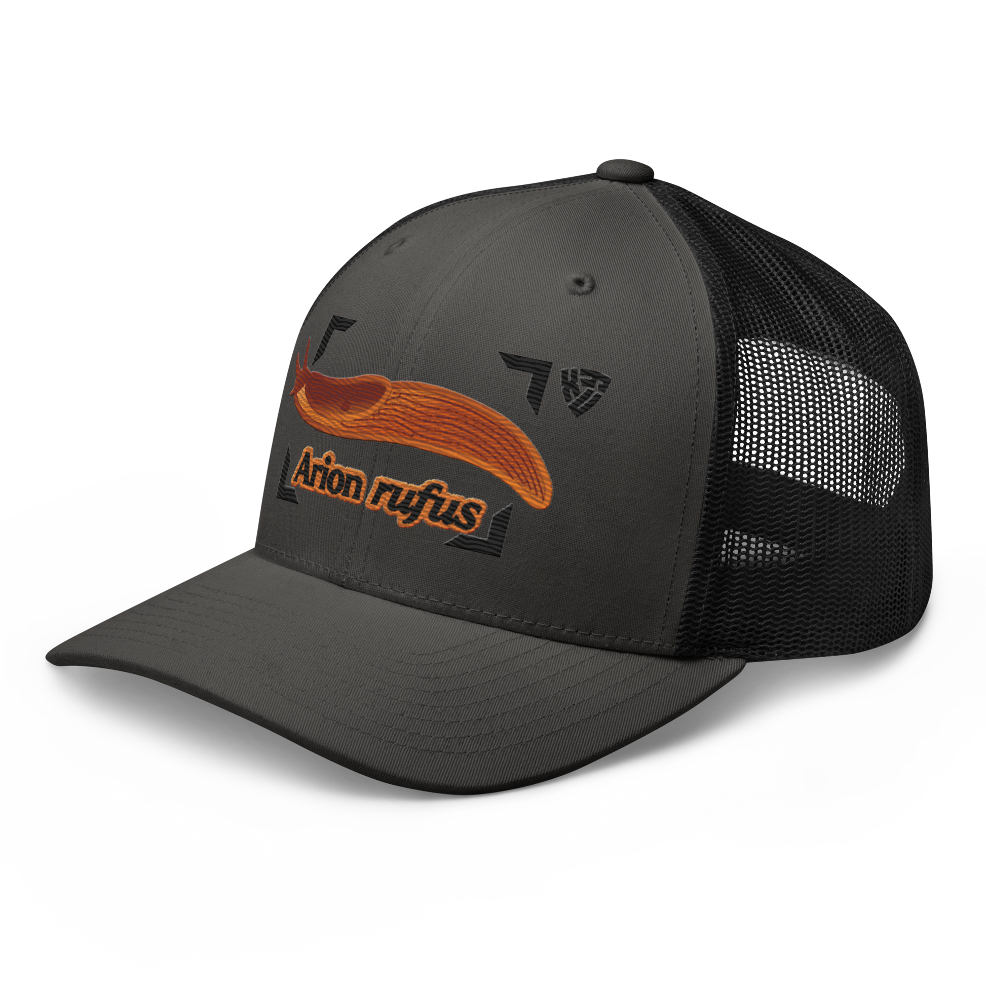The Large Red Slug "Arion rufus" Embroidered Charcoal Grey & Black Trucker Hat Left Front Mockup