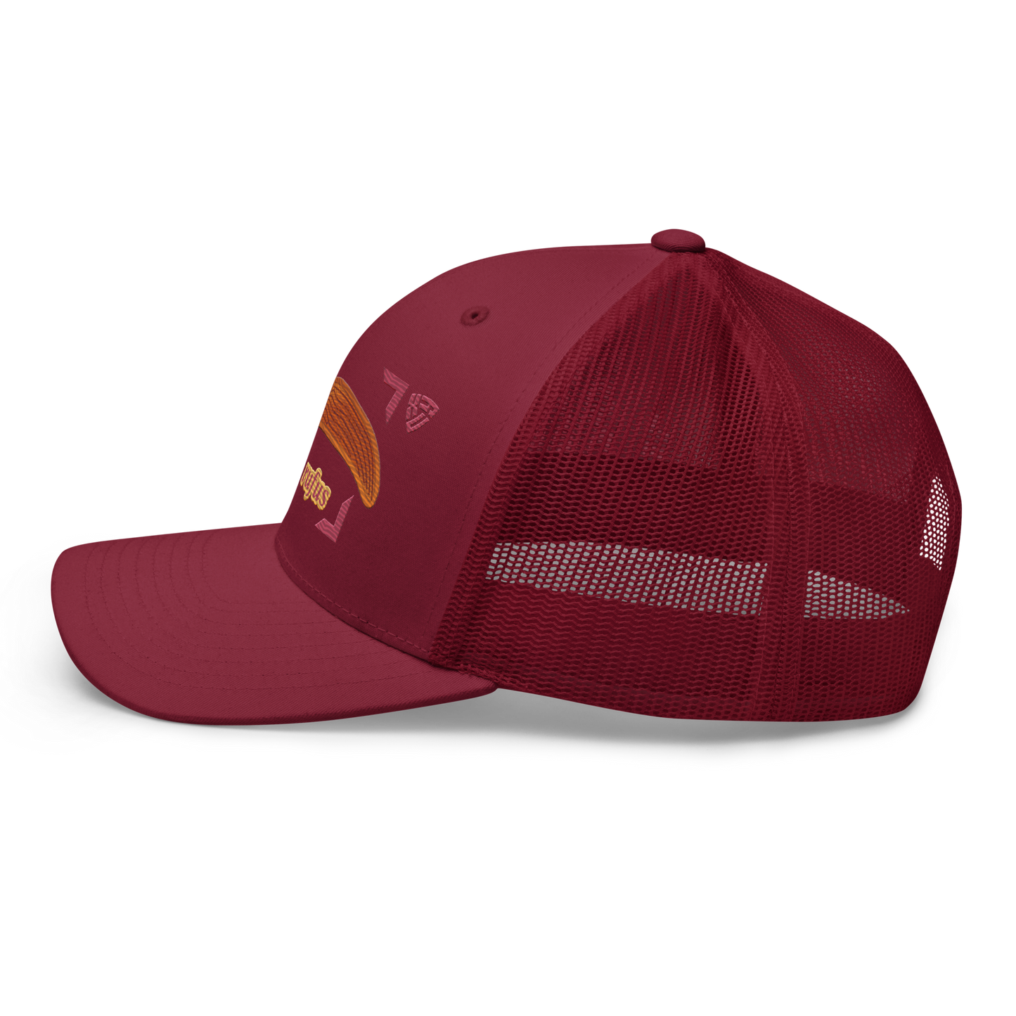 The Large Red Slug "Arion rufus" Embroidered Cranberry Red Trucker Hat Back Mockup