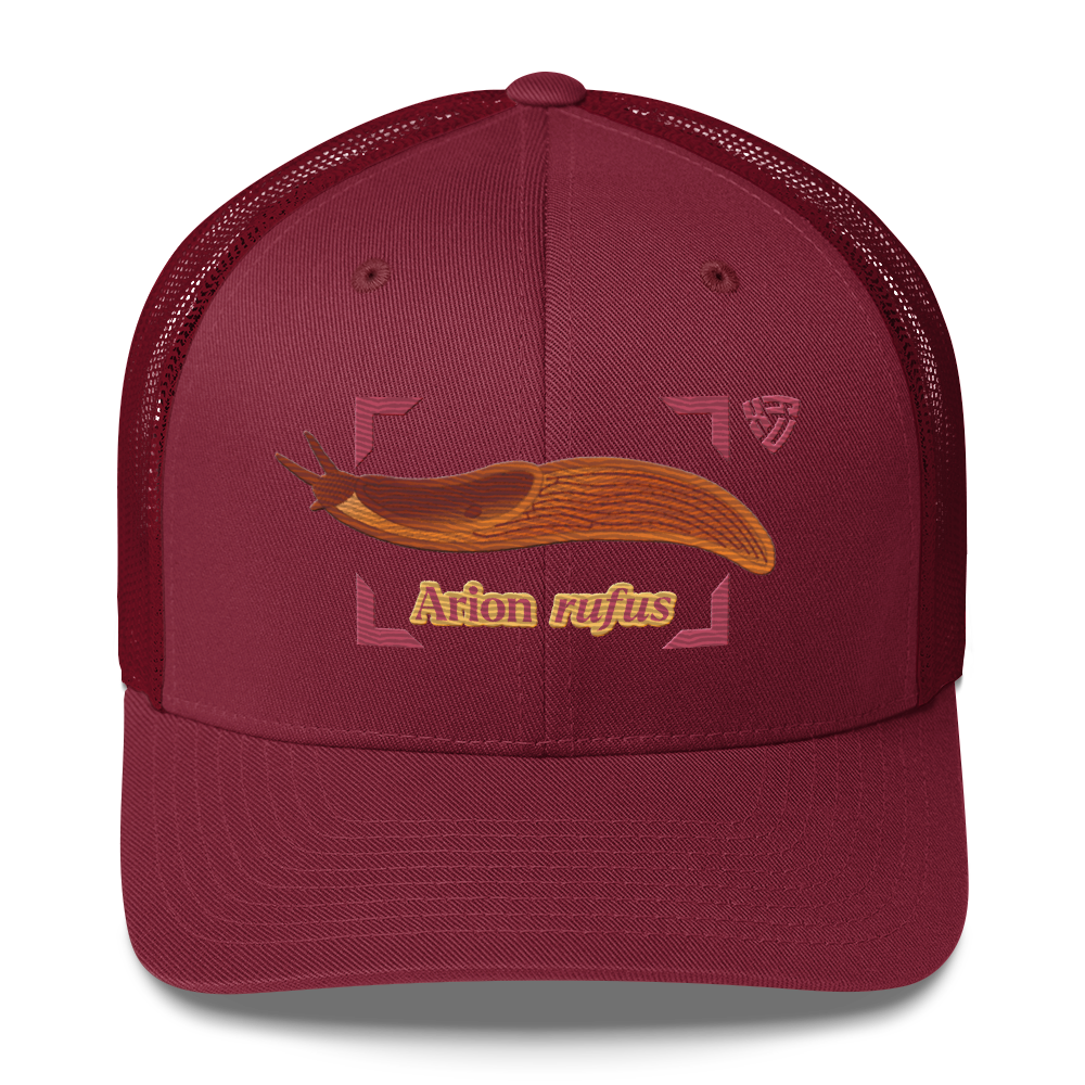 The Large Red Slug "Arion rufus" Embroidered Cranberry Red Trucker Hat Front Mockup