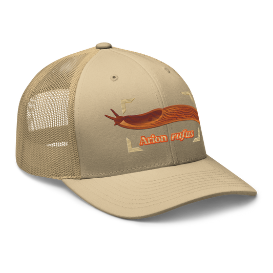 The Large Red Slug "Arion rufus" Embroidered Khaki Trucker Hat Right Front Mockup