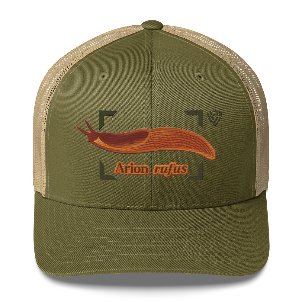 The Large Red Slug "Arion rufus" Embroidered Moss Green & Khaki Trucker Hat Front Mockup