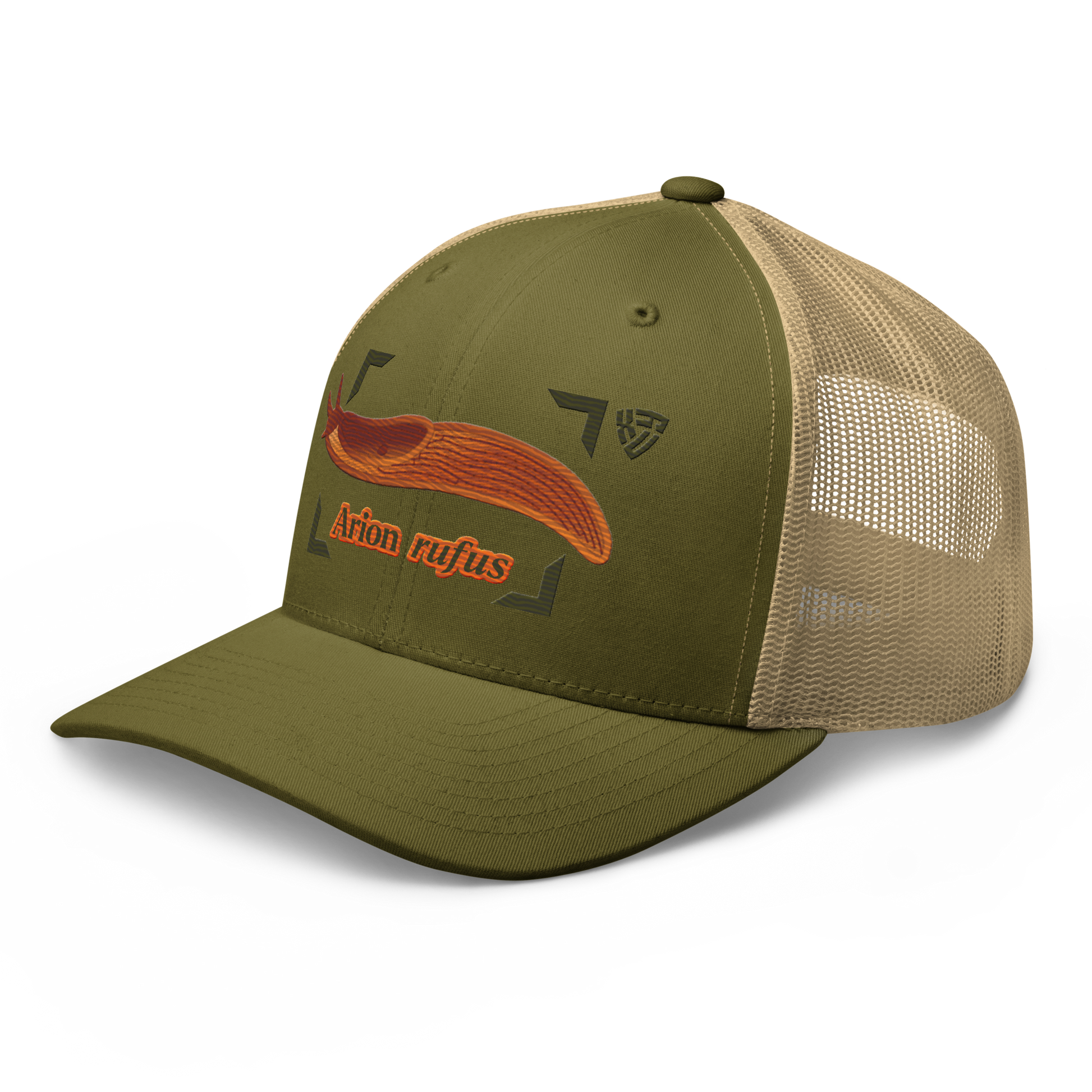 The Large Red Slug "Arion rufus" Embroidered Moss Green & Khaki Trucker Hat Left Front Mockup