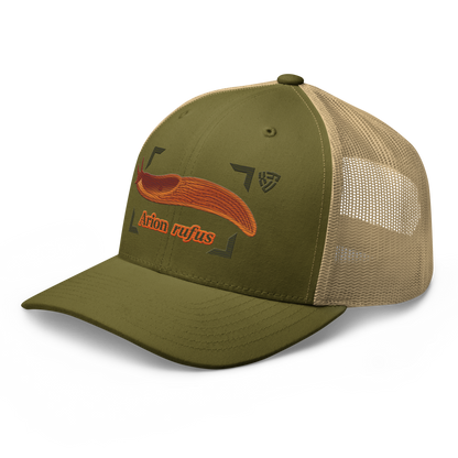 The Large Red Slug "Arion rufus" Embroidered Moss Green & Khaki Trucker Hat Left Front Mockup