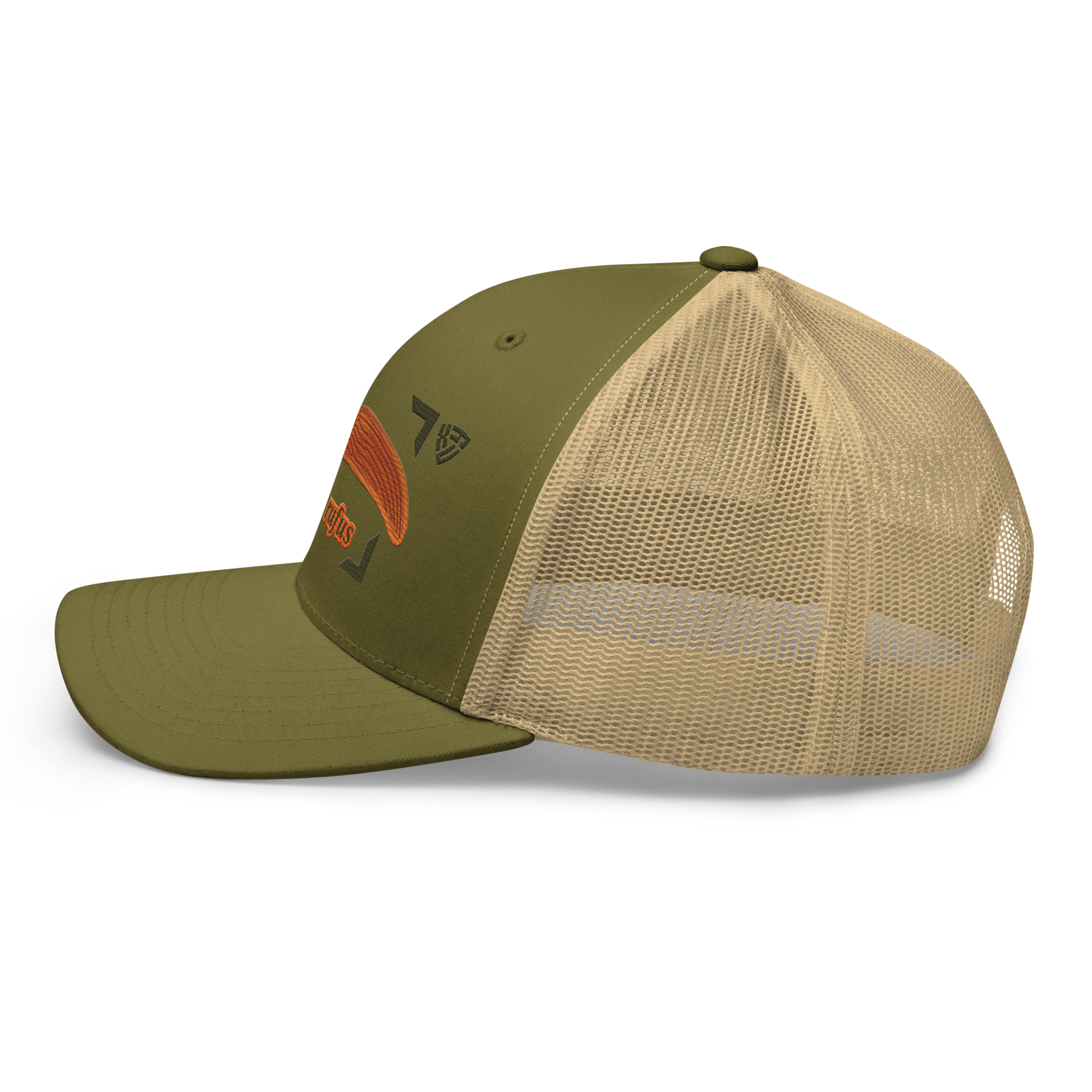 The Large Red Slug "Arion rufus" Embroidered Moss Green & Khaki Trucker Hat Left Mockup