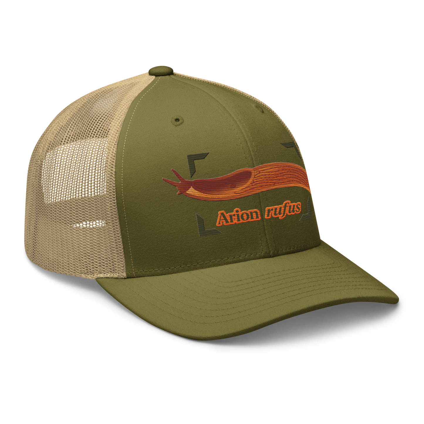 The Large Red Slug "Arion rufus" Embroidered Moss Green & Khaki Trucker Hat Right Front Mockup