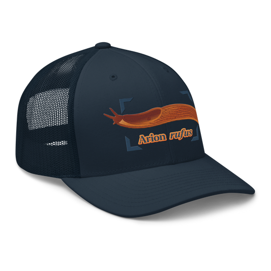 The Large Red Slug "Arion rufus" Embroidered Navy Blue Trucker Hat Right Front Mockup