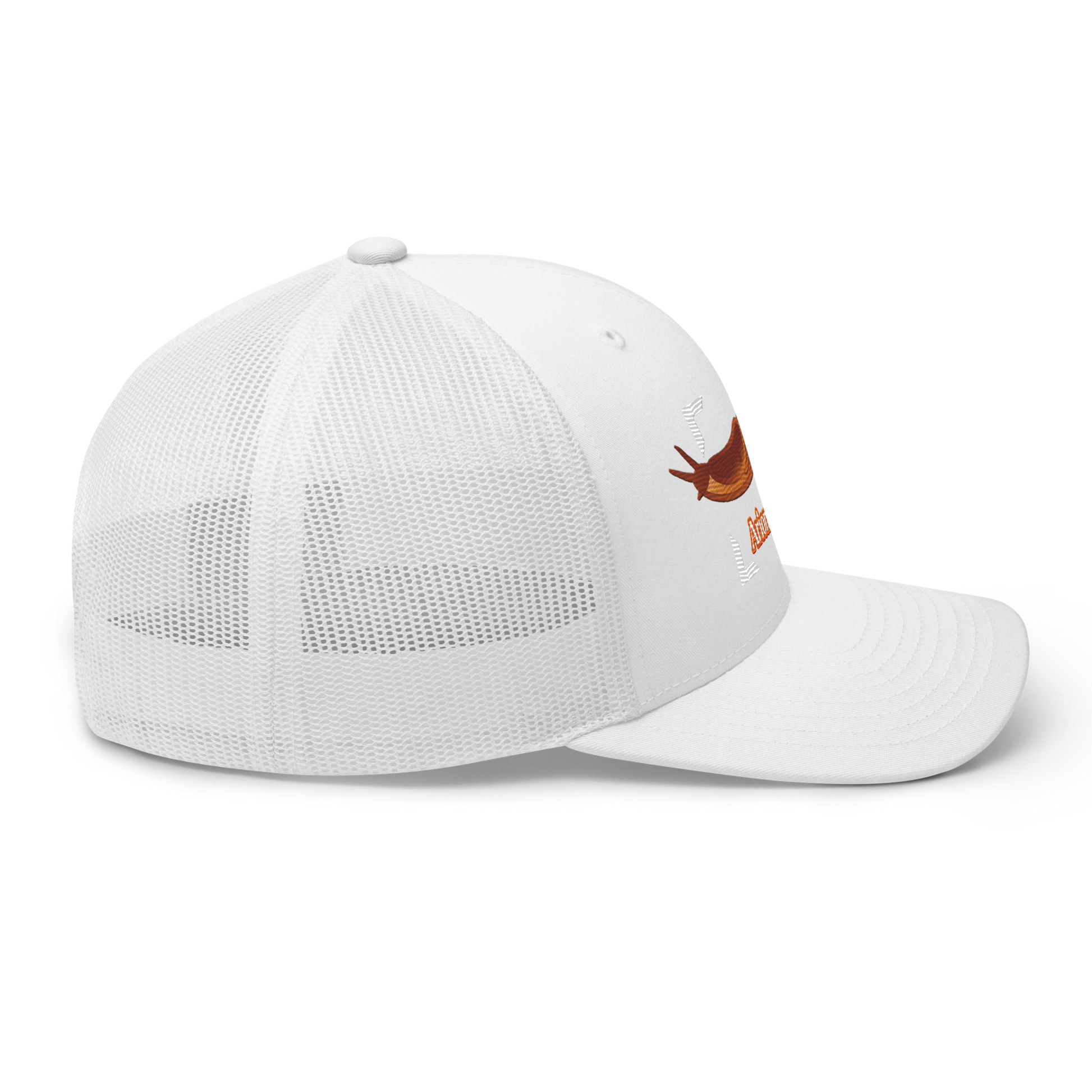The Large Red Slug "Arion rufus" Embroidered White Trucker Hat Right Mockup