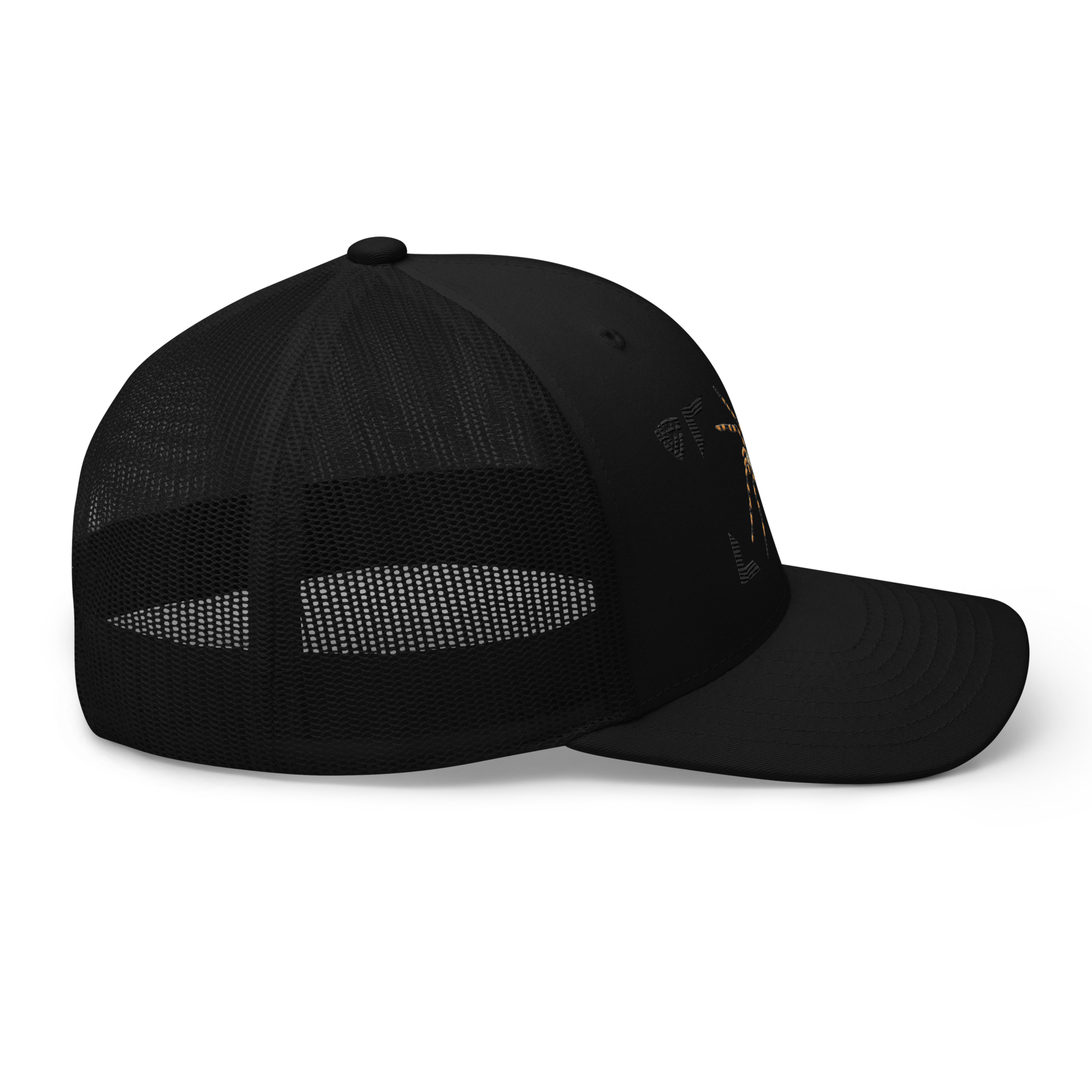 Wasp Spider "Argiope bruennichi" Embroidered Black Trucker Hat Right Mockup