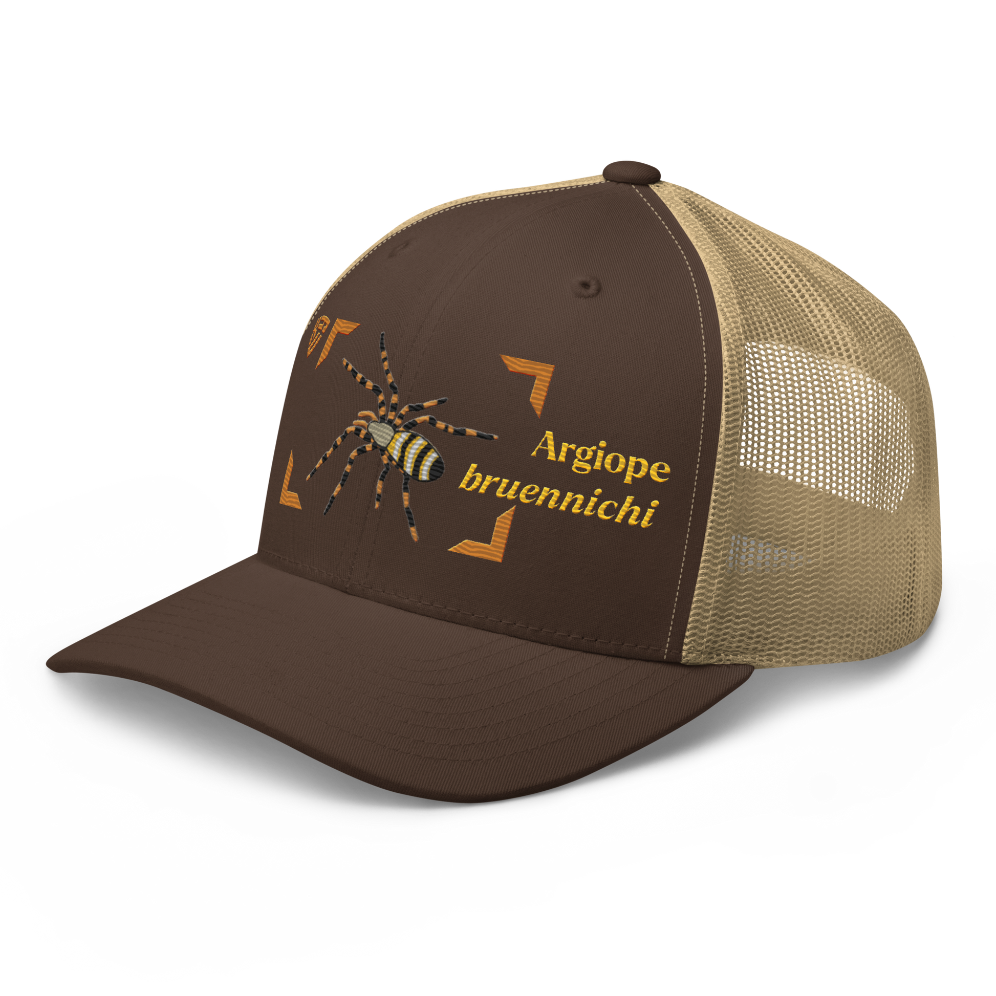 Wasp Spider "Argiope bruennichi" Embroidered Brown & Khaki Trucker Hat Left Front Mockup