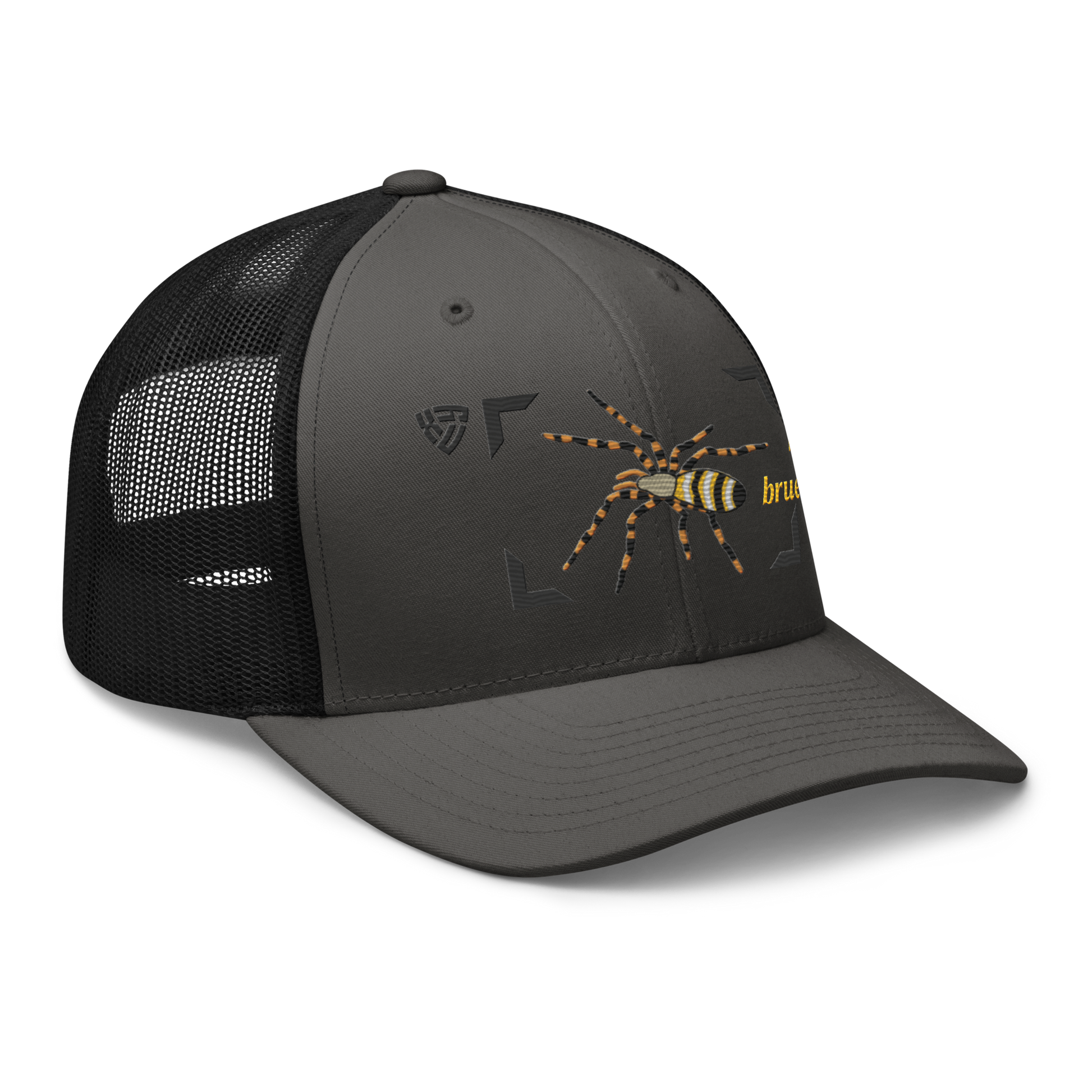 Wasp Spider "Argiope bruennichi" Embroidered Charcoal Grey & Black Trucker Hat Right Front View