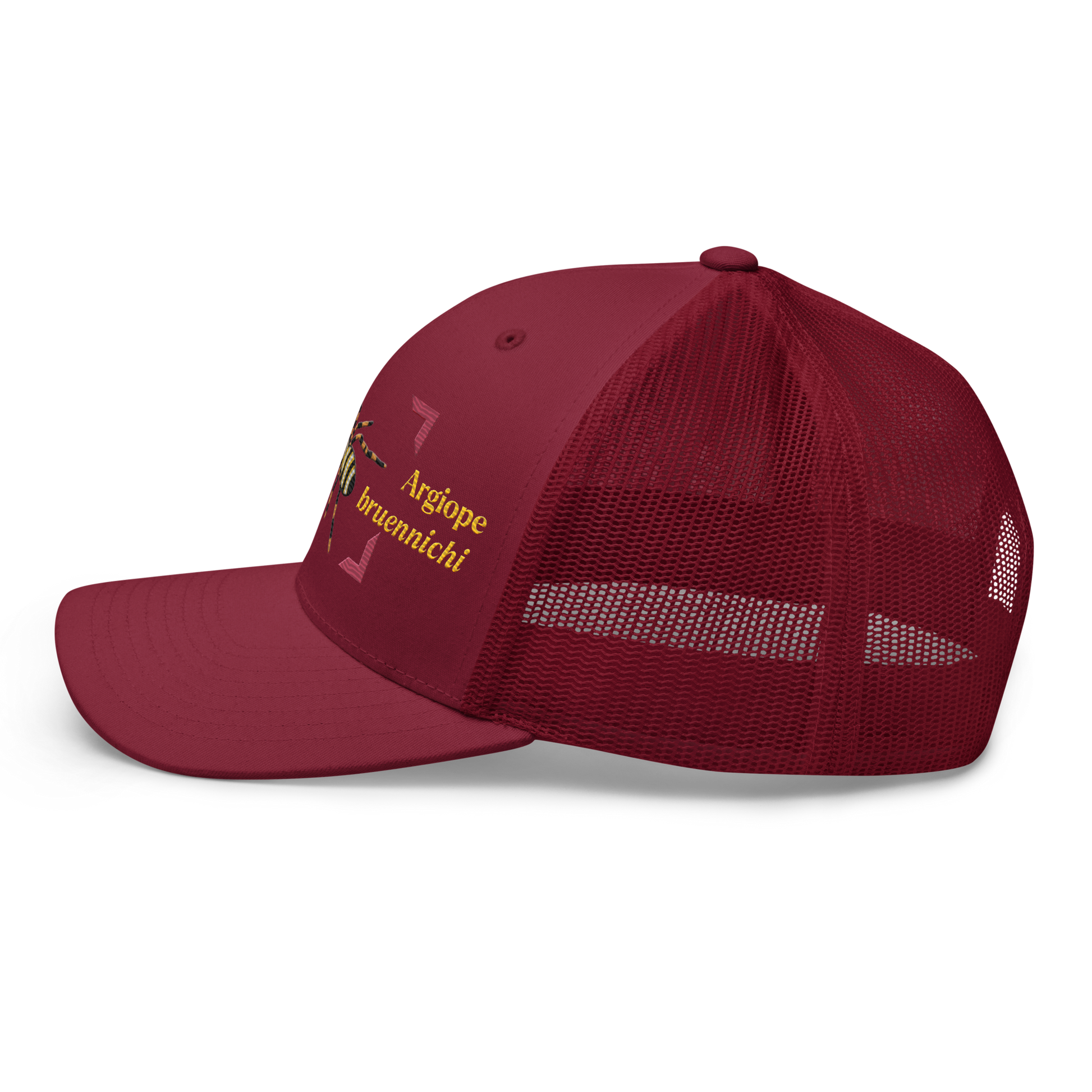 Wasp Spider "Argiope bruennichi" Embroidered Cranberry Red Trucker Hat Left Mockup