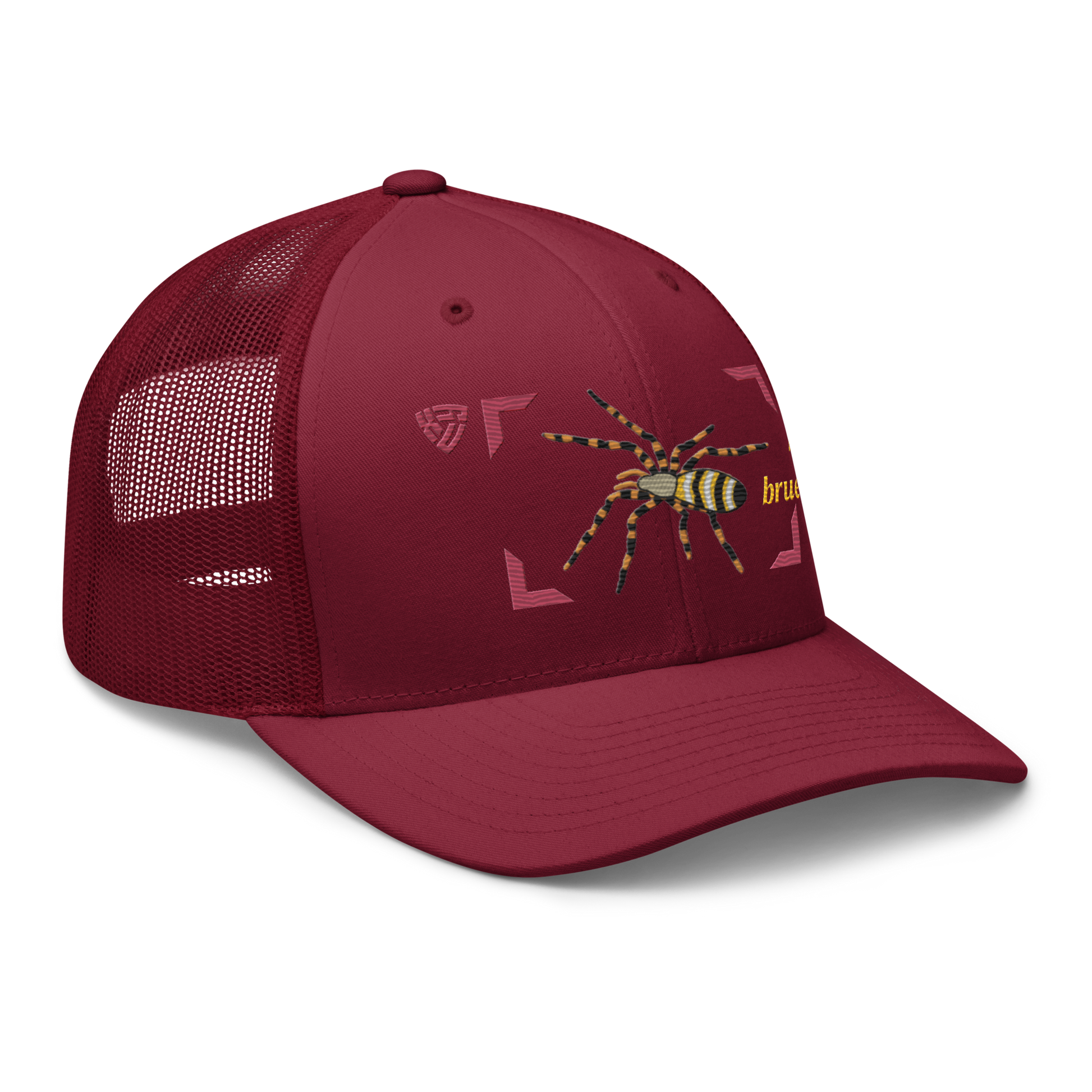 Wasp Spider "Argiope bruennichi" Embroidered Cranberry Red Trucker Hat Right Front Mockup
