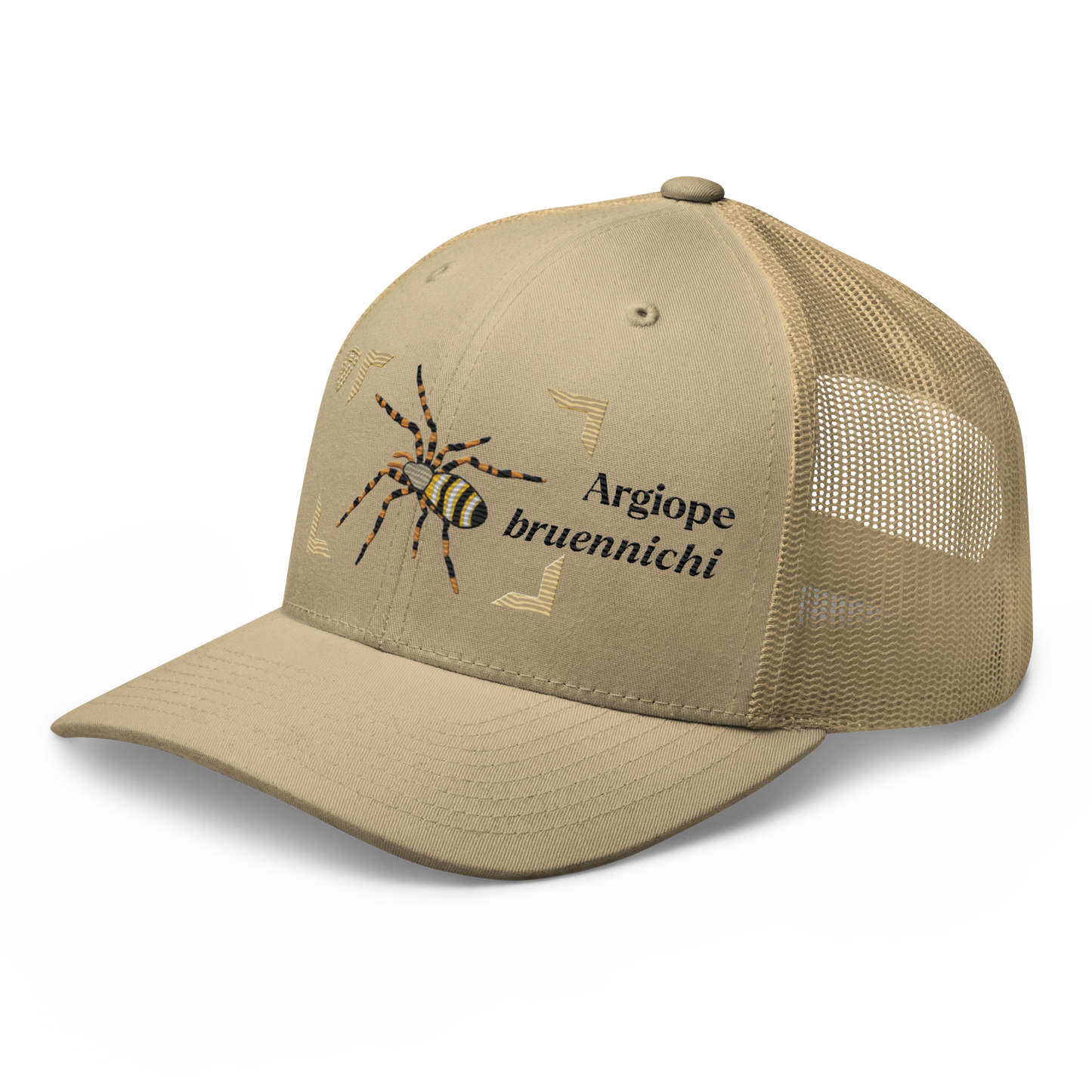 Wasp Spider "Argiope bruennichi" Embroidered Khaki Trucker Hat Left Front Mockup