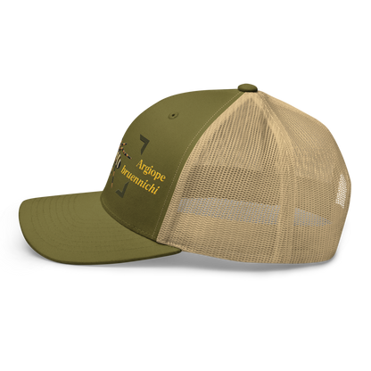 Wasp Spider "Argiope bruennichi" Embroidered Moss Green & Khaki Trucker Hat Left Mockup