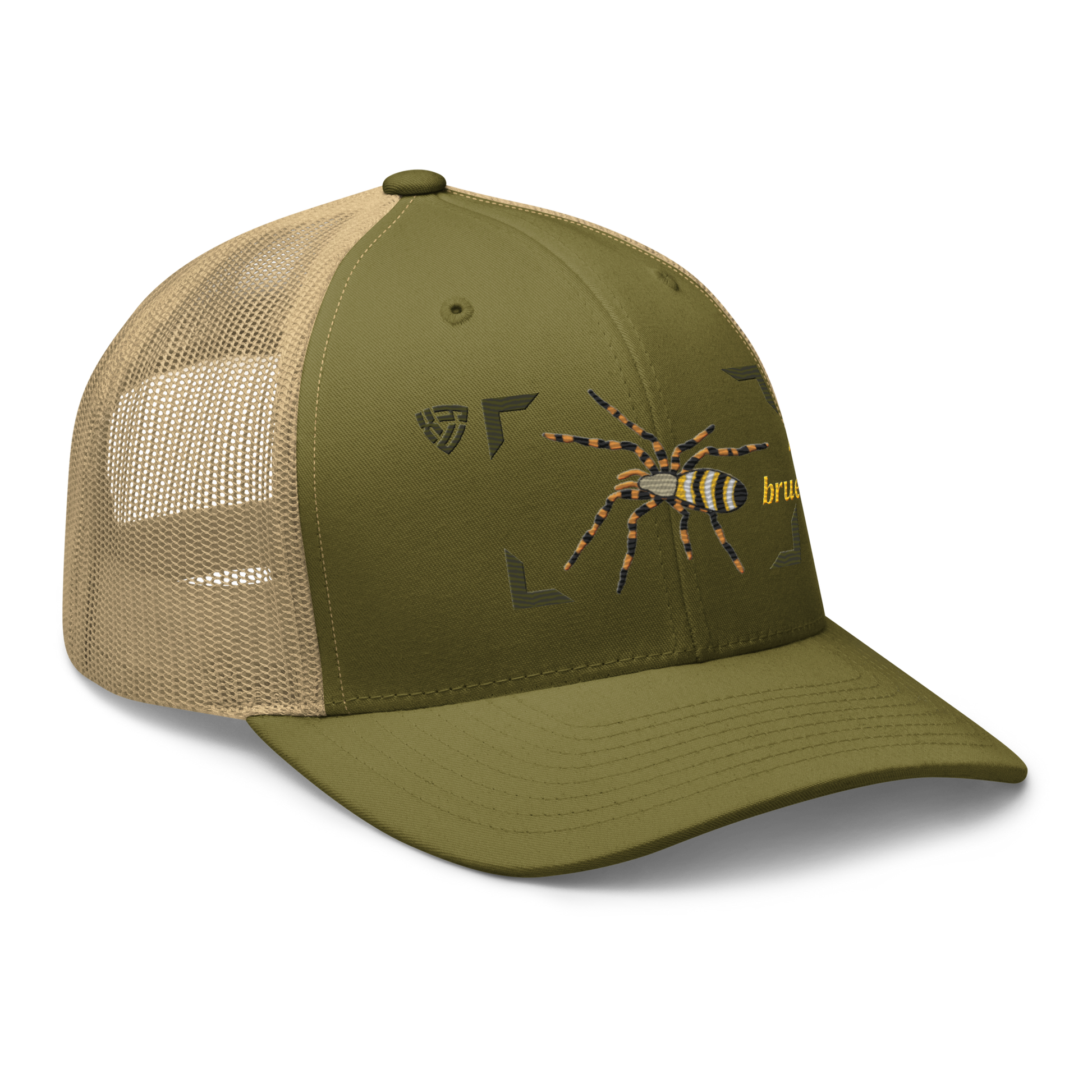 Wasp Spider "Argiope bruennichi" Embroidered Moss Green & Khaki Trucker Hat Right Front Mockup