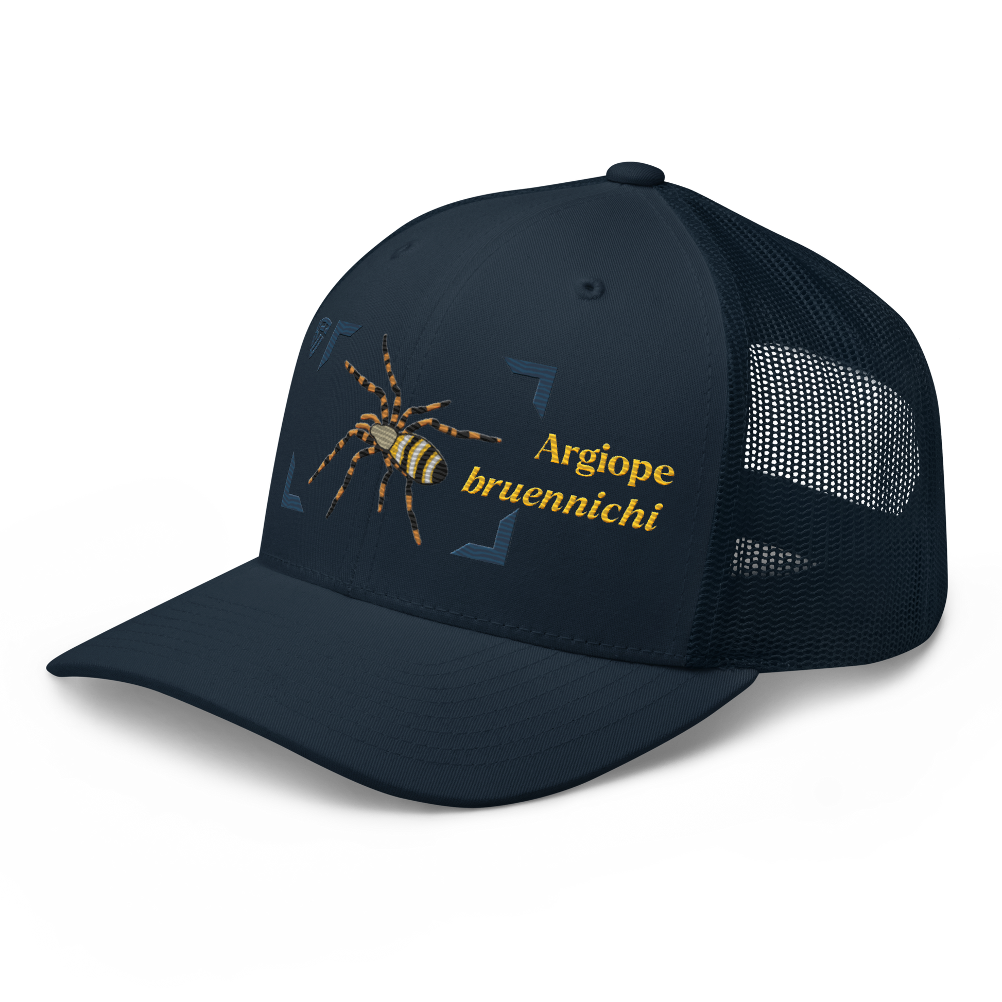 Wasp Spider "Argiope bruennichi" Embroidered Navy Blue Trucker Hat Left Front Mockup