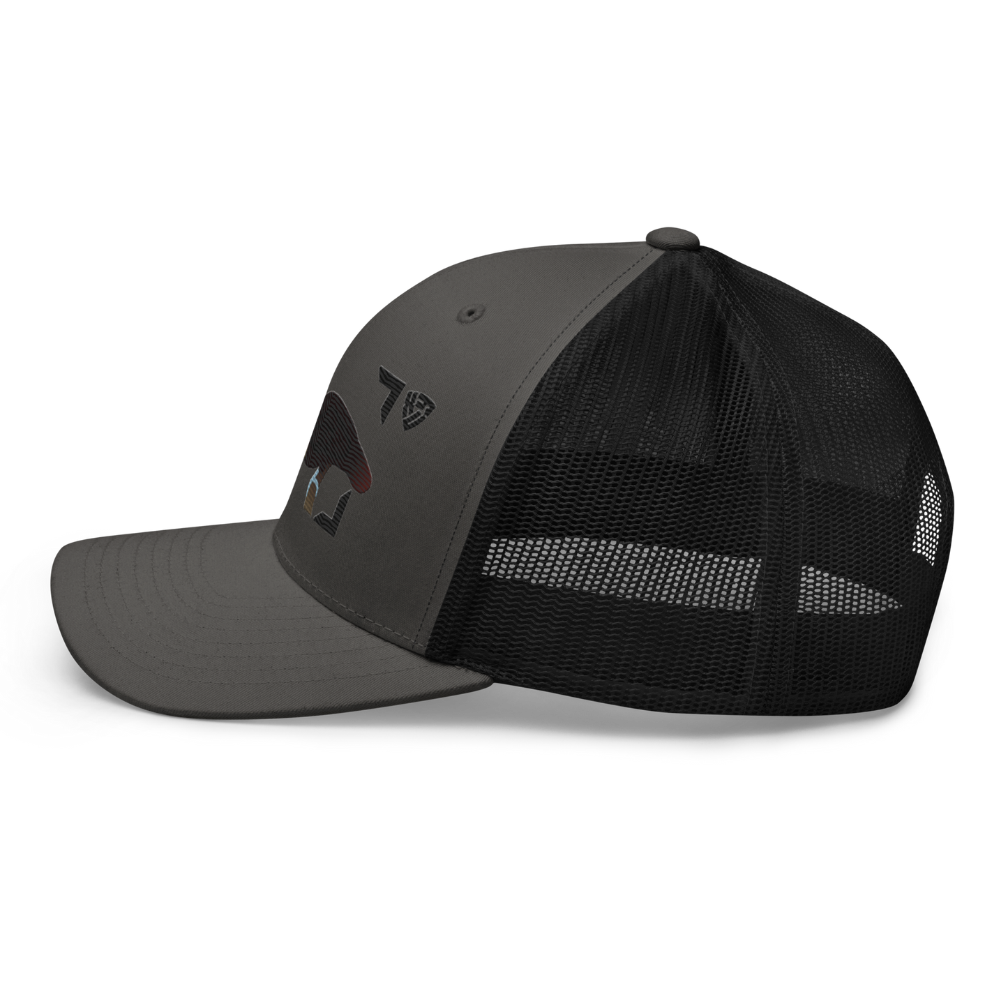 White-throated Toucan "Ramphastos tucanus" Embroidered Charcoal Grey & Black Trucker Hat Left Mockup